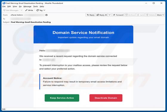 Domain Service Deactivation truffa via email