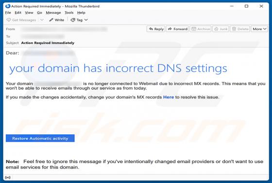 Your Domain Has Incorrect DNS Settings truffa via email