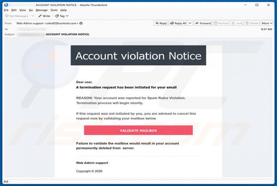 Account Violation Notice truffa via email