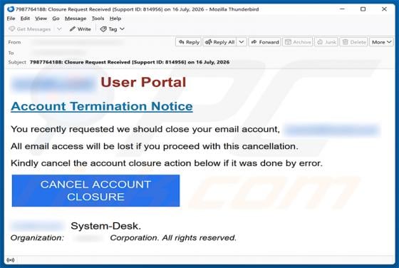 Account Termination Notice truffa via email