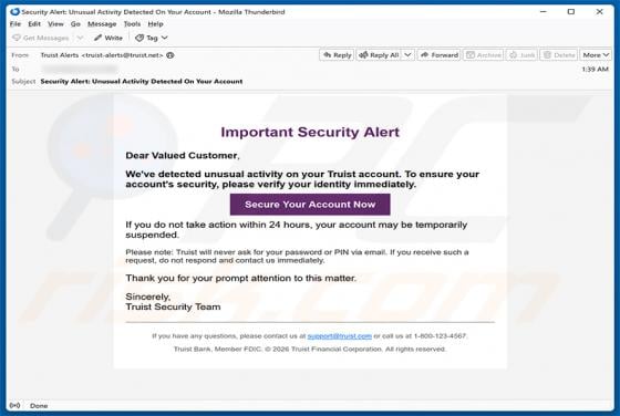 Truist Security Alert truffa via email