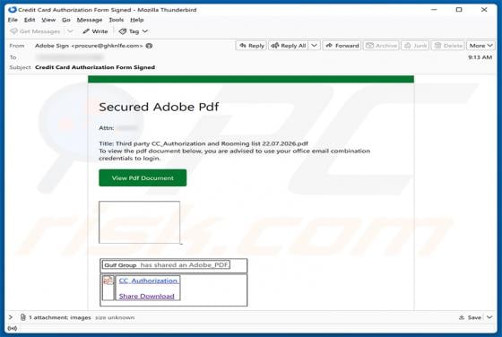 Secure Adobe PDF - Credit Card Authorization truffa via email