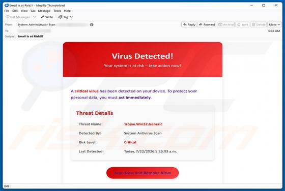 A Critical Virus Has Been Detected On Your Device truffa via email