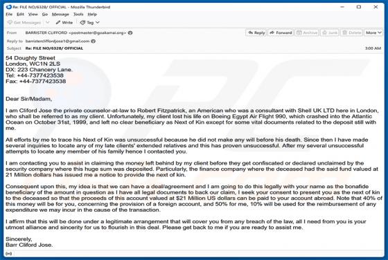 Assistance In Claiming The Money truffa via email