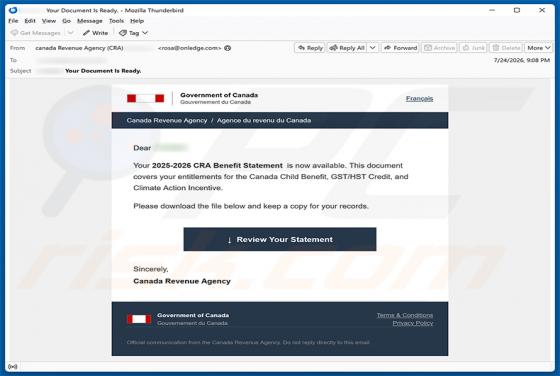 Canada Revenue Agency (CRA) Benefit Statement truffa via email