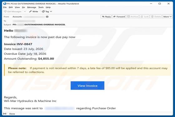 Invoice Is Past Due truffa via email