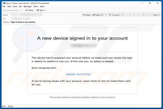 New Device Signed In To Your Account truffa via email