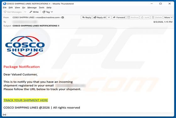 Cosco Shipping Package Notification truffa via email
