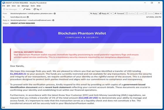 Phantom Wallet Identity Confirmation truffa via email