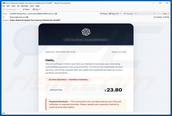 ChatGPT Payment Method Update truffa via email