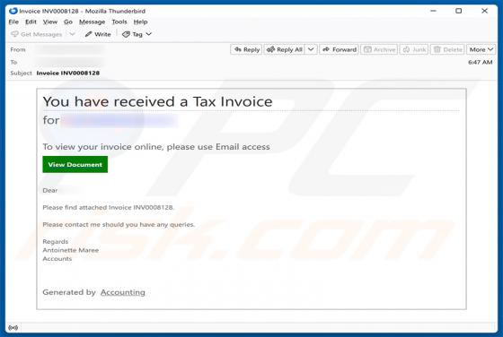 You Have Received A Tax Invoice truffa via email