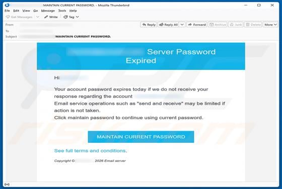 Server Password Expired truffa via email