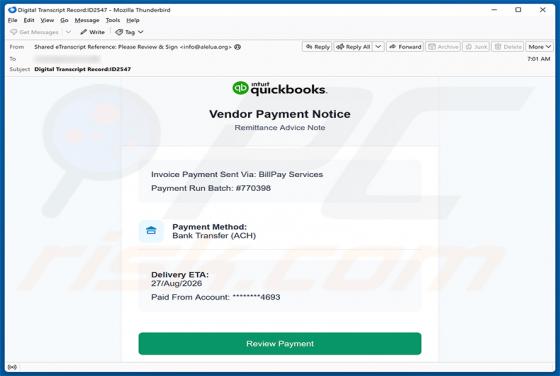 Intuit QuickBooks - Vendor Payment Notice Email Virus