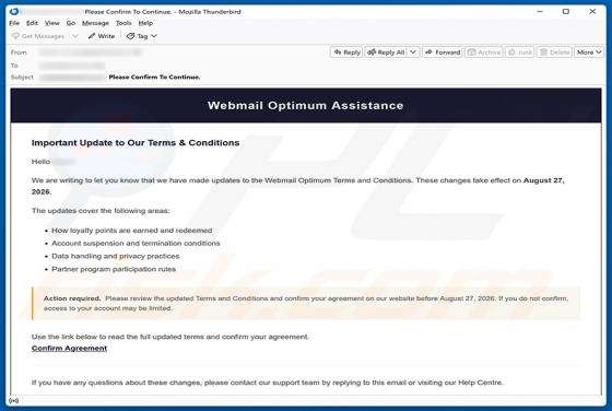 Webmail Optimum Terms and Conditions Update truffa via email