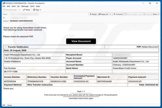 GreenState Credit Union Transfer Received truffa via email