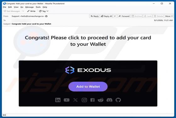 Exodus - Add Your Card To Your Wallet truffa via email