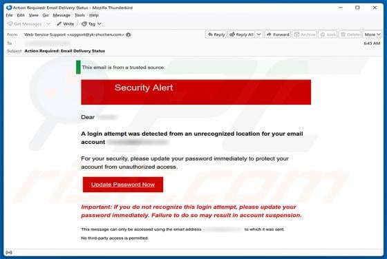 Login Attempt From An Unrecognized Location truffa via email