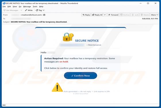 Secure Notice - Mailbox Has A temporary Restriction truffa via email