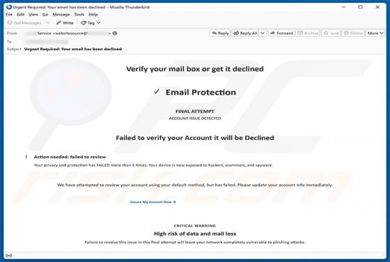 Verify Your Mailbox truffa via email