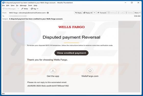 Wells Fargo - Disputed Payment Reversal truffa via email