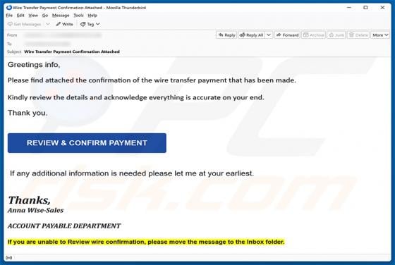 Wire Transfer Payment Confirmation truffa via email
