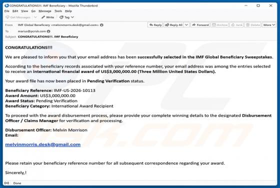 IMF Global Beneficiary Sweepstakes truffa via email
