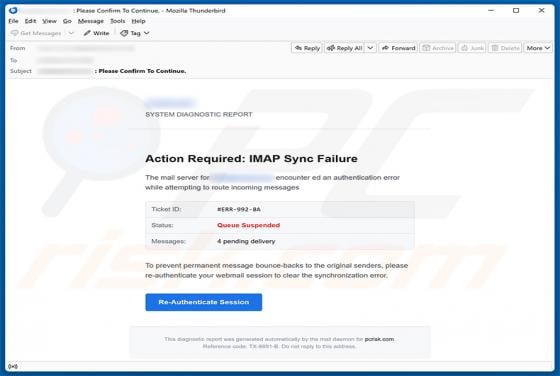 IMAP Sync Failure truffa via email