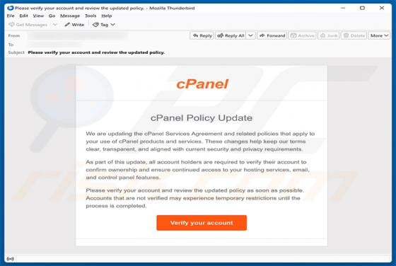 cPanel Policy Update truffa via email